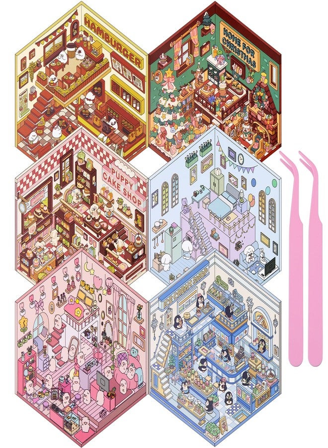 JIXZEN DIY 3D Sticker Scenes 6 Sets for Adults Kids, Make Your Own Mini Home/Store Scenes Stickers Animal Themes for Girls, Relieve Stress Pass The Time Craft Stickers for Christmas Gifts - Image 1